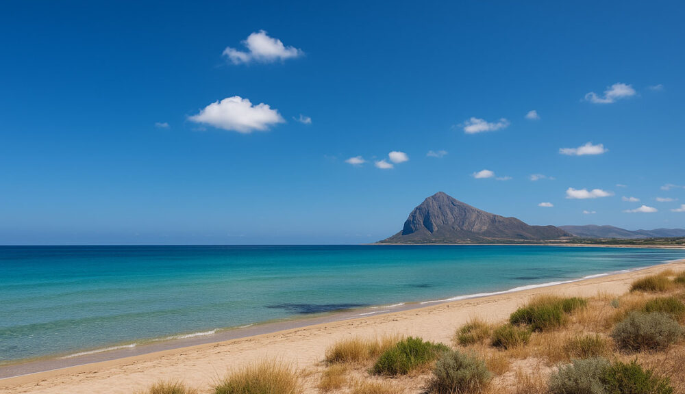 Spiaggia dorata con mare turchese e vista sul Monte Cofano in Sicilia