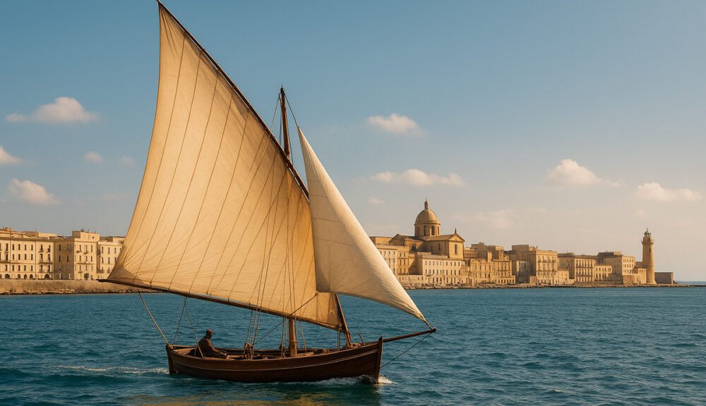 Barca con vela latina naviga al largo del porto di Trapani in una giornata di sole, con edifici storici e faro sullo sfondo.