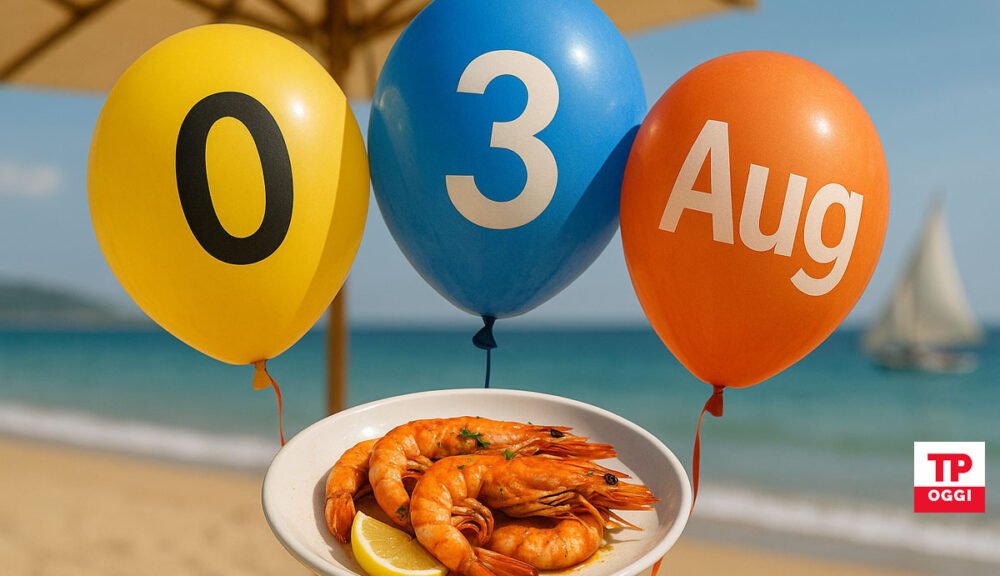 piatto di gamberoni arrostiti con limone in spiaggia, con palloncini colorati che indicano la data 03 agosto