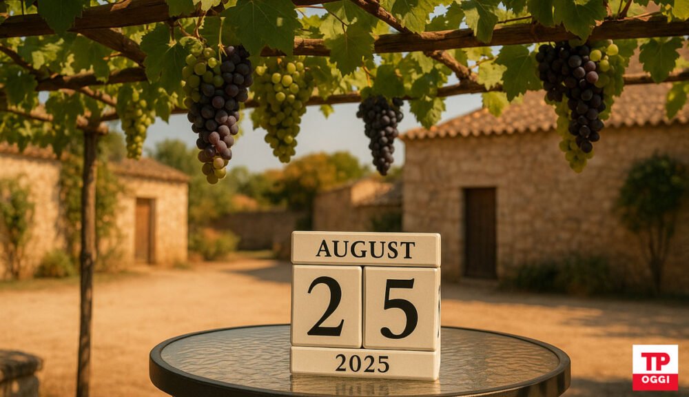 Pergolato di uva con calendario 25 agosto 2025 in cortile rurale siciliano