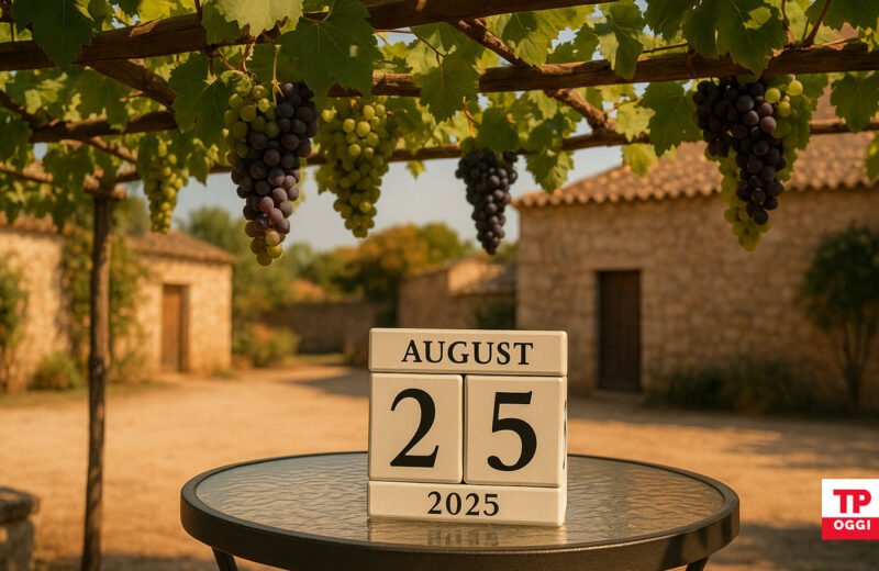 Pergolato di uva con calendario 25 agosto 2025 in cortile rurale siciliano