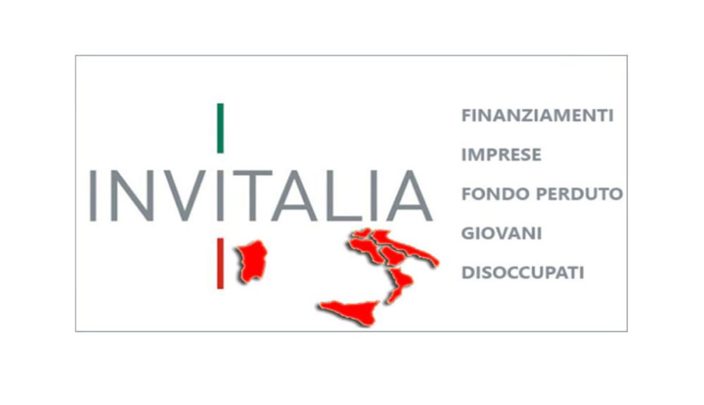 Logo Invitalia con mappa del Sud Italia e parole chiave finanziamenti, imprese, fondo perduto, giovani e disoccupati