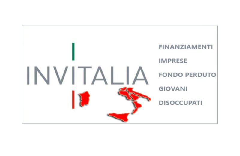 Logo Invitalia con mappa del Sud Italia e parole chiave finanziamenti, imprese, fondo perduto, giovani e disoccupati