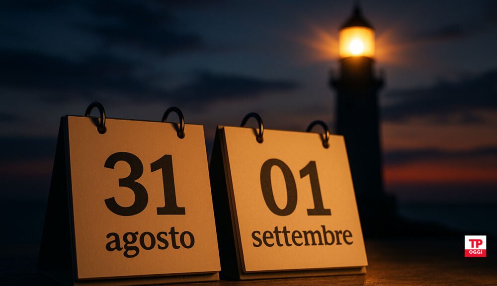 Calendario con date 31 agosto e 1 settembre davanti a un faro al tramonto