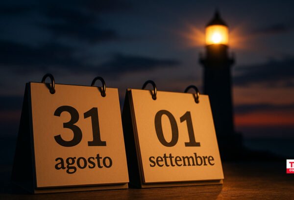 Calendario con date 31 agosto e 1 settembre davanti a un faro al tramonto
