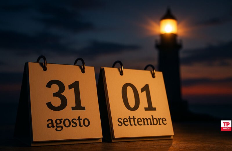 Calendario con date 31 agosto e 1 settembre davanti a un faro al tramonto