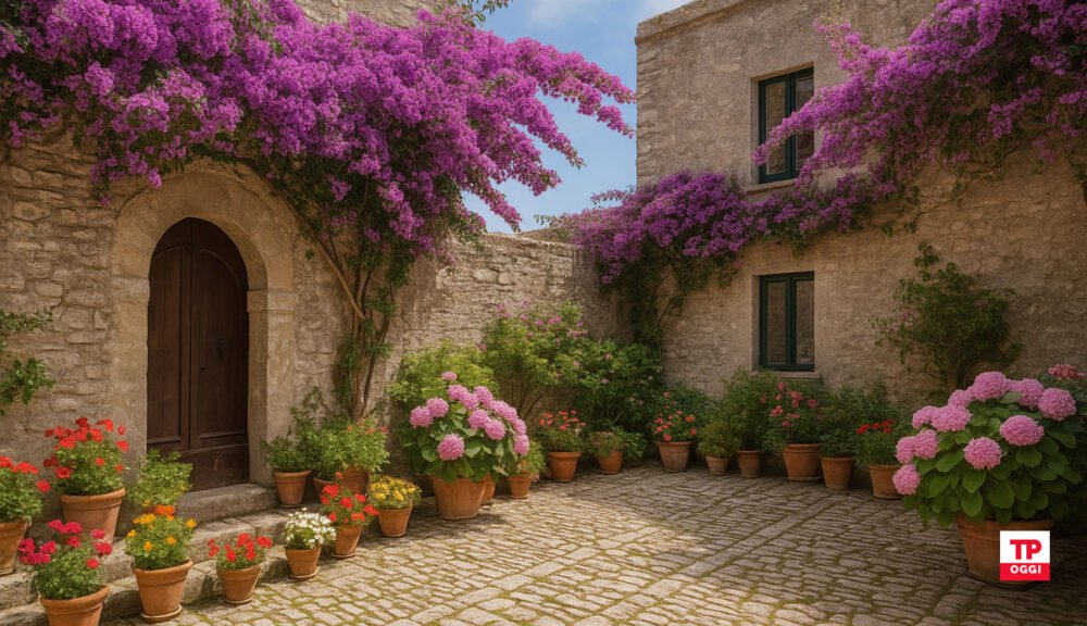 Cortile in pietra con fioriture di bouganville ed ortensie a Erice, Sicilia