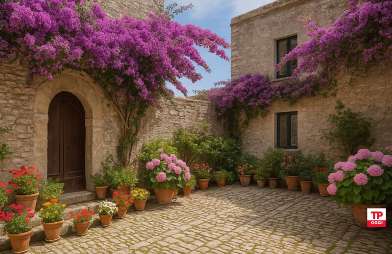 Cortile in pietra con fioriture di bouganville ed ortensie a Erice, Sicilia