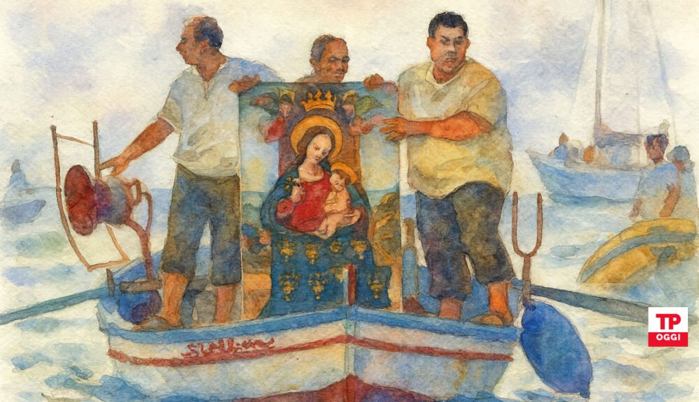 Rievocazione storica dello sbarco del quadro della Madonna di Custonaci in barca, acquarello