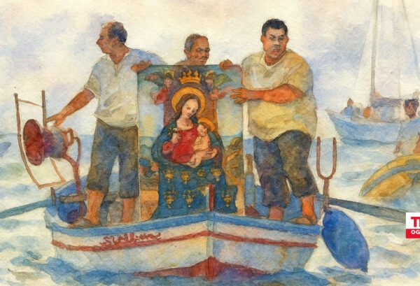 Rievocazione storica dello sbarco del quadro della Madonna di Custonaci in barca, acquarello