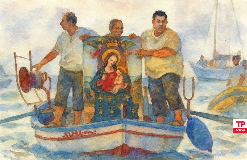 Rievocazione storica dello sbarco del quadro della Madonna di Custonaci in barca, acquarello