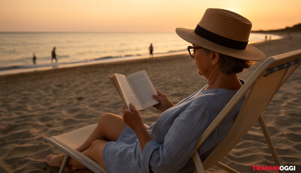 Donna legge un libro sulla spiaggia al tramonto in Sicilia a settembre
