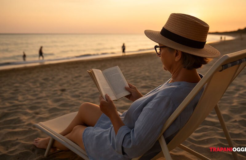 Donna legge un libro sulla spiaggia al tramonto in Sicilia a settembre