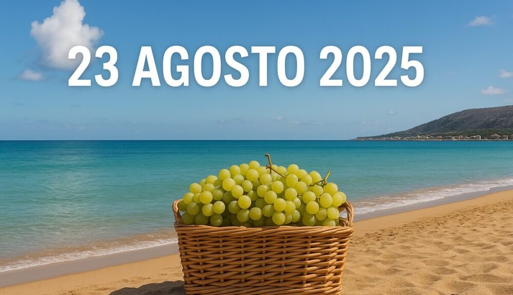 Cesta di uva bianca sulla spiaggia siciliana al tramonto, 23 agosto 2025