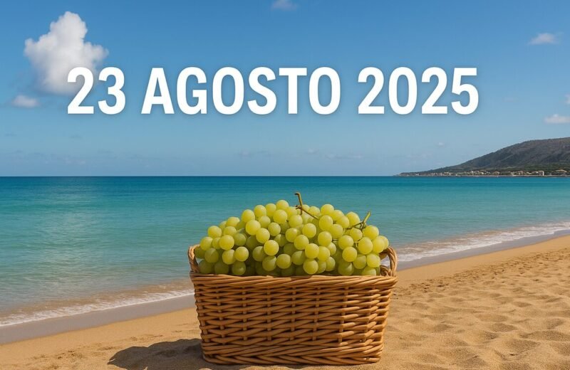 Cesta di uva bianca sulla spiaggia siciliana al tramonto, 23 agosto 2025
