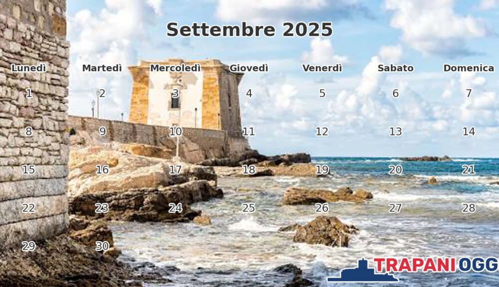 Calendario settembre 2025 con vista sulla Torre di Ligny a Trapani
