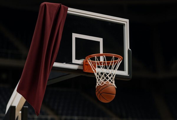 ALT TAG Canestro da basket con pallone e drappo granata