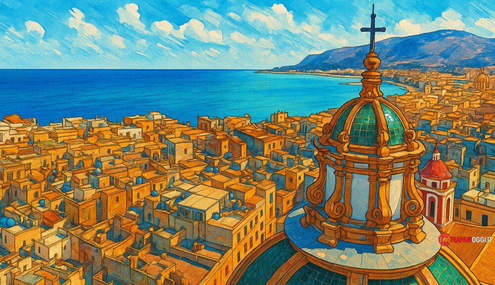 Vista panoramica di Trapani dal campanile della Chiesa di San Lorenzo con Erice sullo sfondo, illustrazione digitale