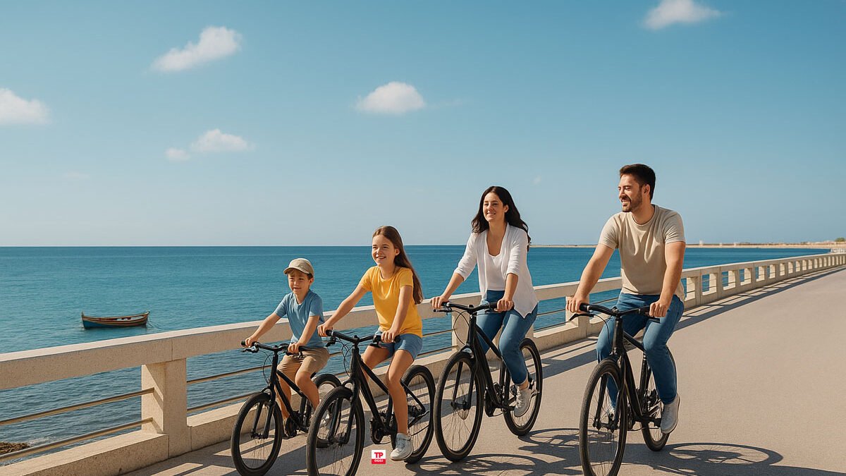 famiglia passeggia in bici