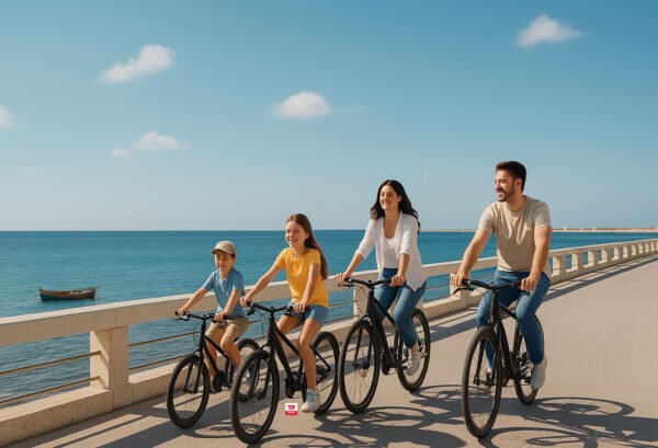 Famiglia in bicicletta sul lungomare in una giornata di sole