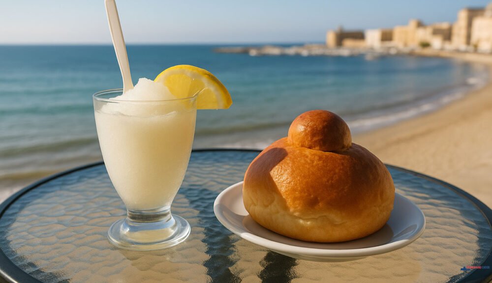 Granita al limone con brioscia siciliana vista mare a Trapani