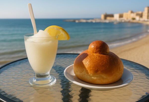 Granita al limone con brioscia siciliana vista mare a Trapani