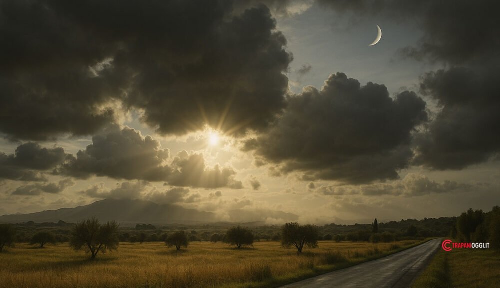 Paesaggio rurale di Trapani con nuvole scure, sole al tramonto e luna crescente