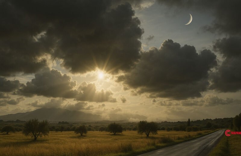 Paesaggio rurale di Trapani con nuvole scure, sole al tramonto e luna crescente