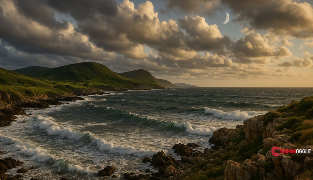 Mare mosso al tramonto sulla costa di Trapani con luna crescente e nuvole autunnali