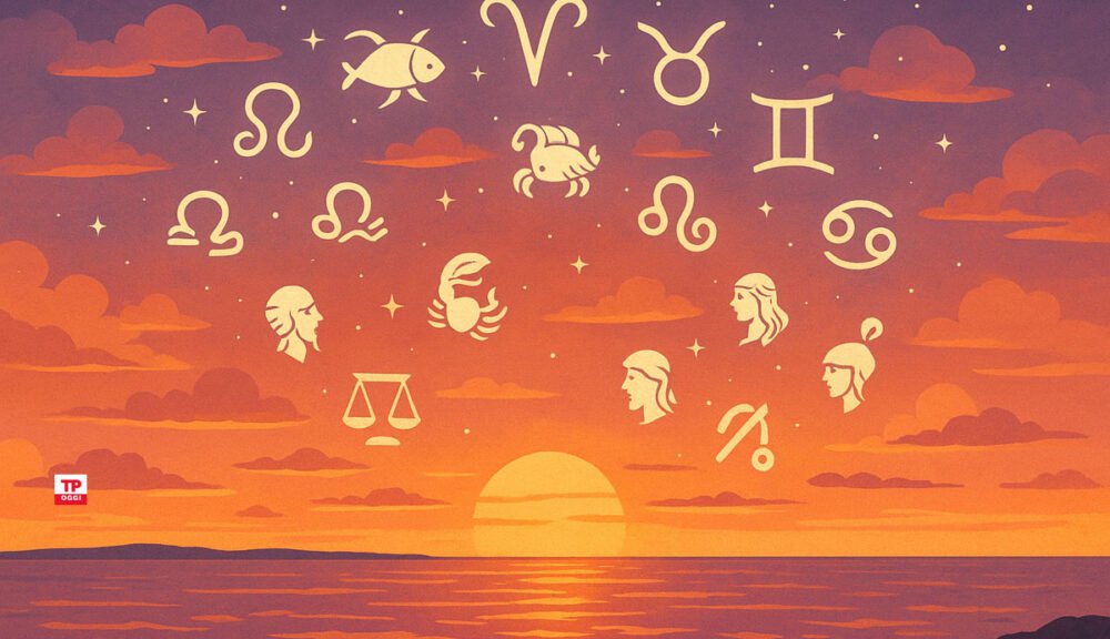Tramonto sul mare con i simboli dei segni zodiacali