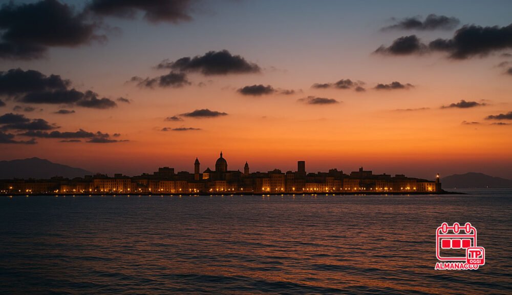 Tramonto su Trapani visto dal mare con skyline illuminato