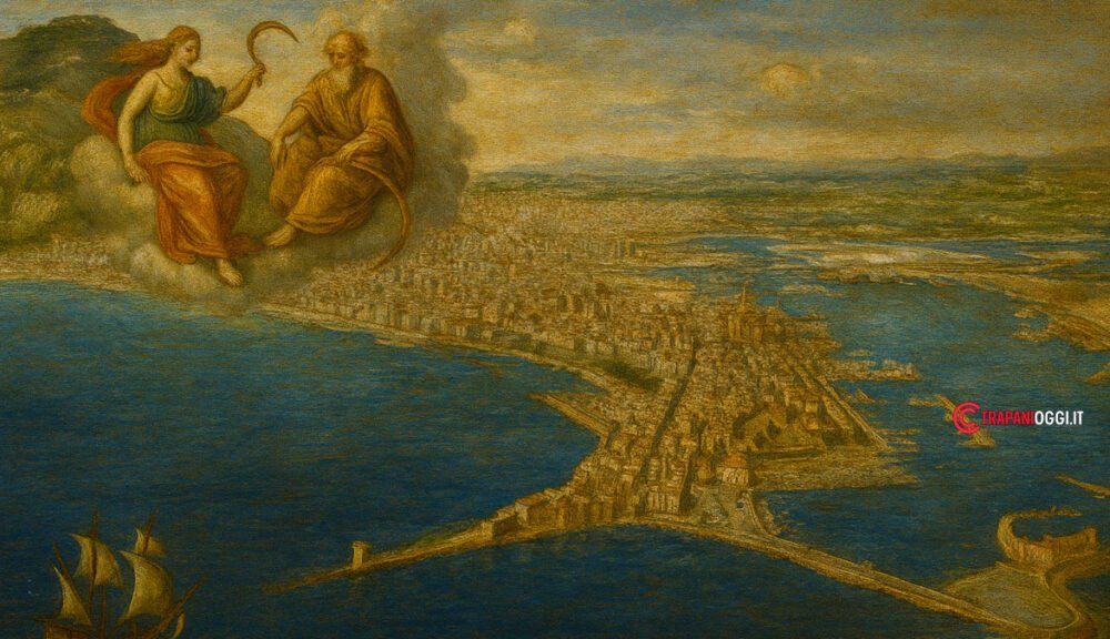 Veduta storica di Trapani a forma di falce con figure mitologiche e paesaggio marino