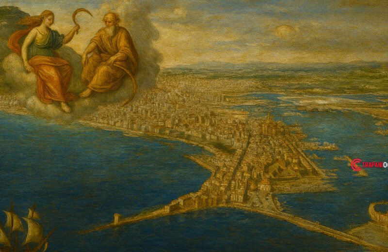 Veduta storica di Trapani a forma di falce con figure mitologiche e paesaggio marino