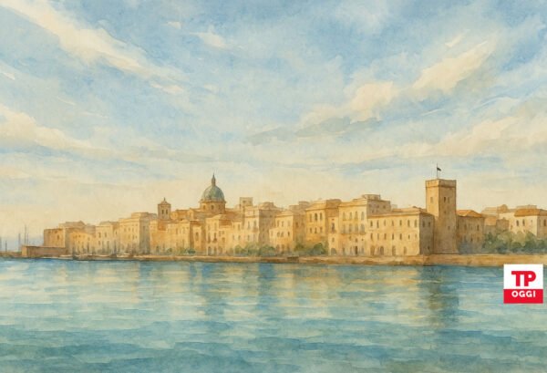 Veduta acquerello del centro storico di Trapani sul mare