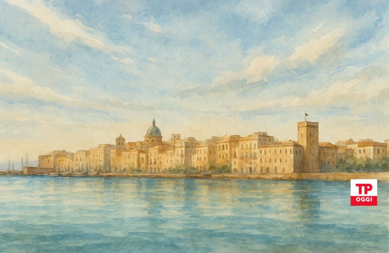 Veduta acquerello del centro storico di Trapani sul mare