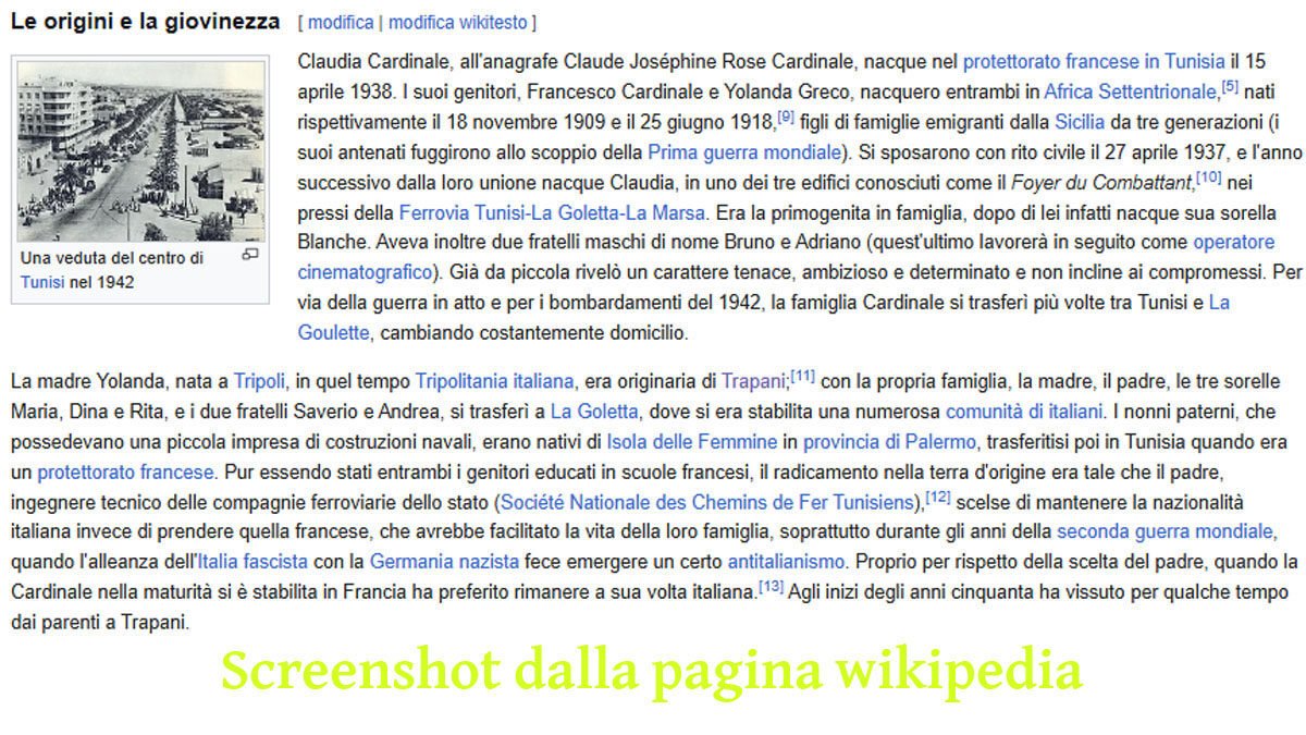 "Claudia Cardinale origini siciliane e nascita a Tunisi – estratto Wikipedia"