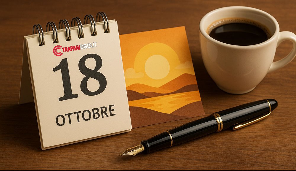 Calendario 18 ottobre con logo Trapani Oggi, tazza di caffè e penna stilografica su scrivania
