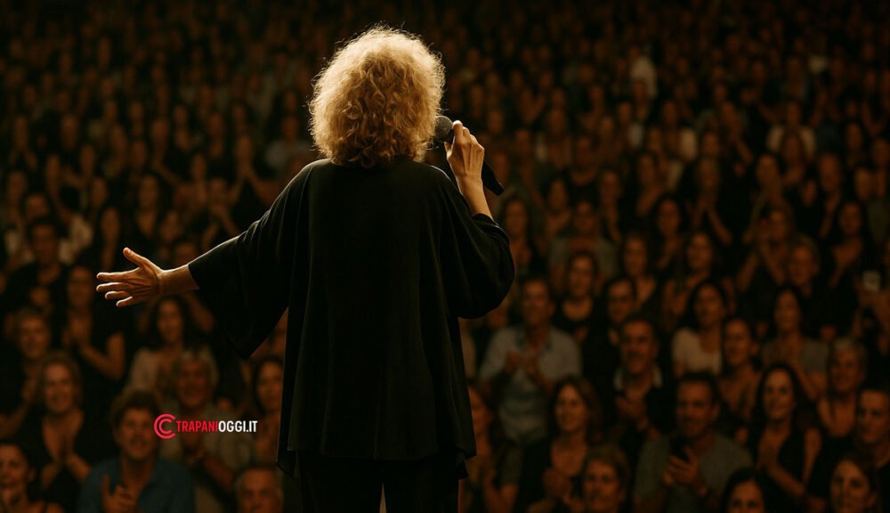 Cantante di spalle durante un concerto davanti a un pubblico numeroso