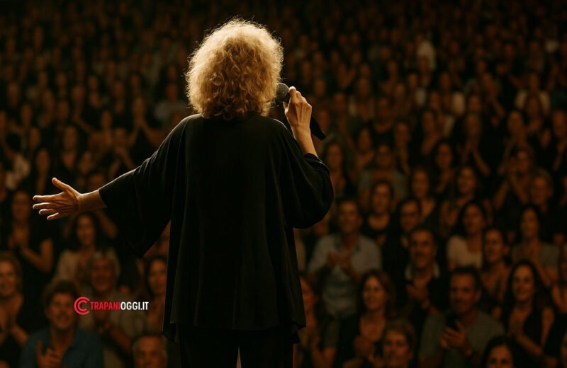 Cantante di spalle durante un concerto davanti a un pubblico numeroso