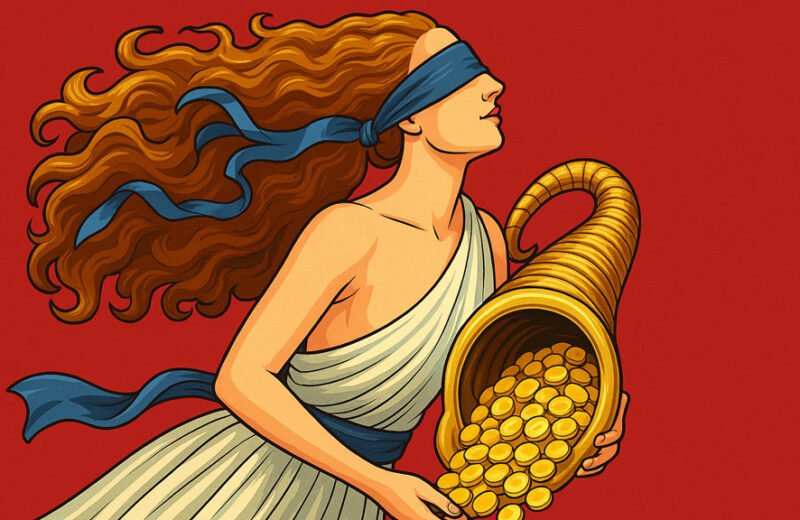Illustrazione della Dea Bendata con cornucopia d’oro su sfondo rosso