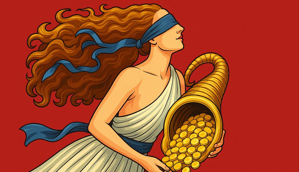 Illustrazione della Dea Bendata con cornucopia d’oro su sfondo rosso