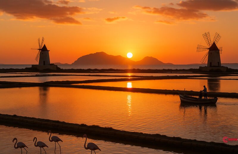 Tramonto alle saline di Trapani con mulini a vento e fenicotteri