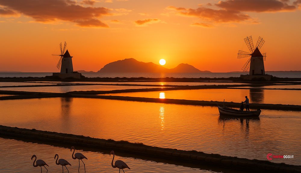 Tramonto alle saline di Trapani con mulini a vento e fenicotteri