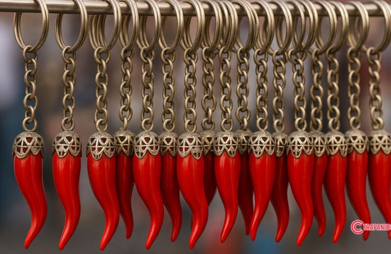 Portachiavi con cornetti rossi portafortuna siciliani in corallo rosso di Trapani
