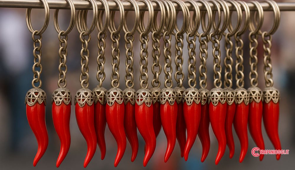 Portachiavi con cornetti rossi portafortuna siciliani in corallo rosso di Trapani