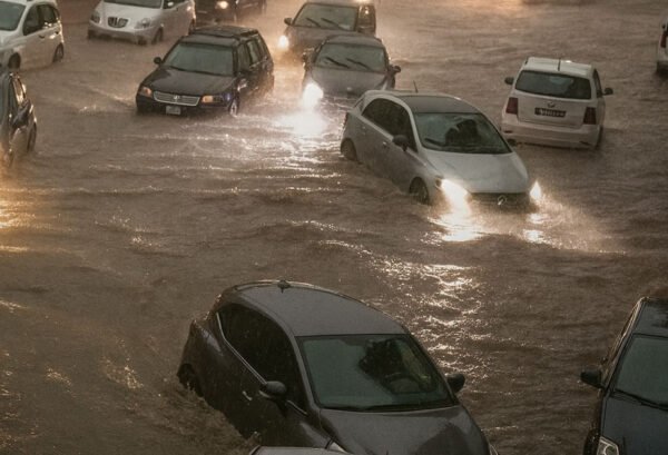Alluvione a Favara, auto sommerse dall’acqua nelle strade – immagine rielaborata digitalmente