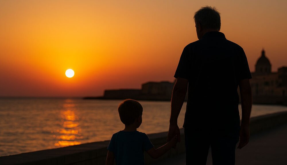 onno e nipote mano nella mano al tramonto sul mare – Festa dei Nonni 2025