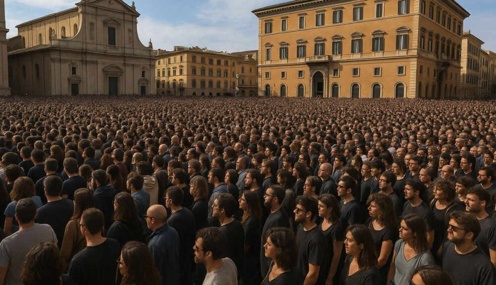 Immagine digitale di una grande folla in piazza, partecipazione a evento sociale