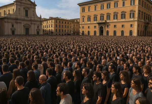 Immagine digitale di una grande folla in piazza, partecipazione a evento sociale