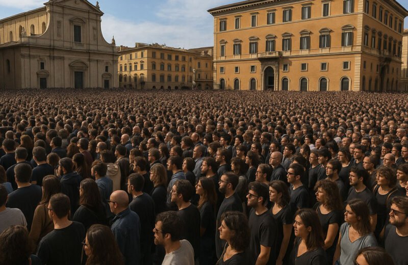 Immagine digitale di una grande folla in piazza, partecipazione a evento sociale
